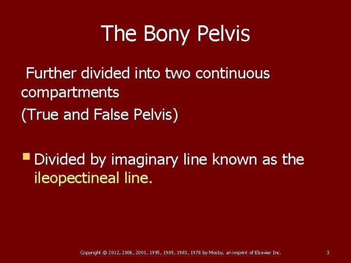 The Bony Pelvis Further divided into two continuous compartments (True and False Pelvis) §