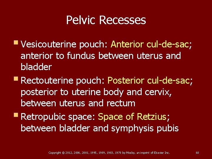 Pelvic Recesses § Vesicouterine pouch: Anterior cul-de-sac; anterior to fundus between uterus and bladder