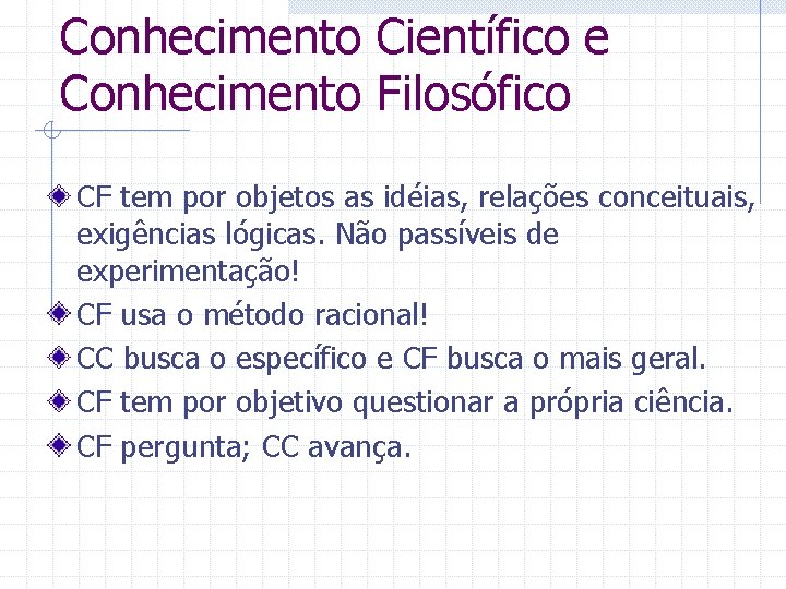 Conhecimento Científico e Conhecimento Filosófico CF tem por objetos as idéias, relações conceituais, exigências