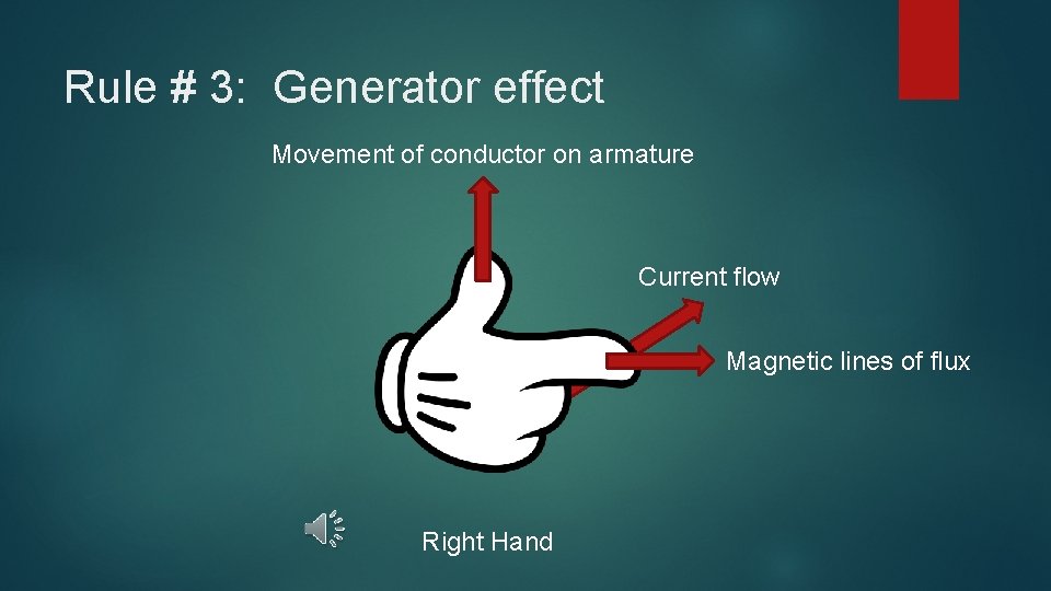 Rule # 3: Generator effect Movement of conductor on armature Current flow Magnetic lines
