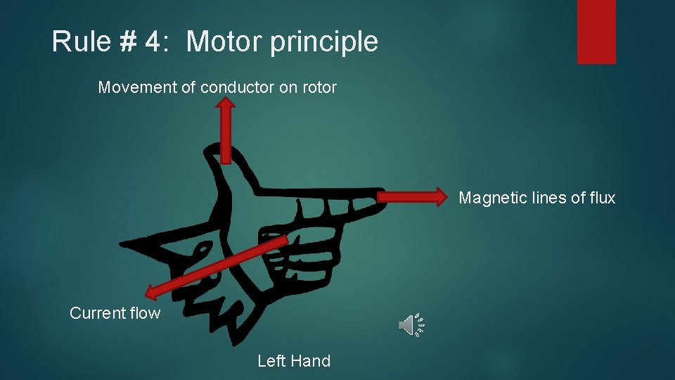 Rule # 4: Motor principle Movement of conductor on rotor Magnetic lines of flux