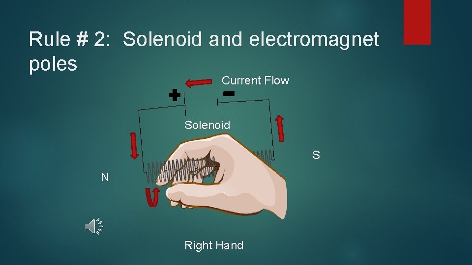 Rule # 2: Solenoid and electromagnet poles Current Flow Solenoid S N Right Hand