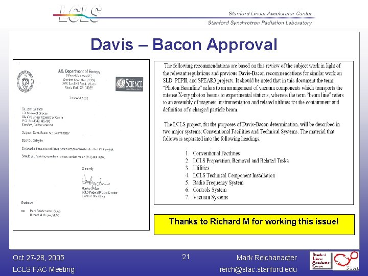 Davis – Bacon Approval Thanks to Richard M for working this issue! Oct 27