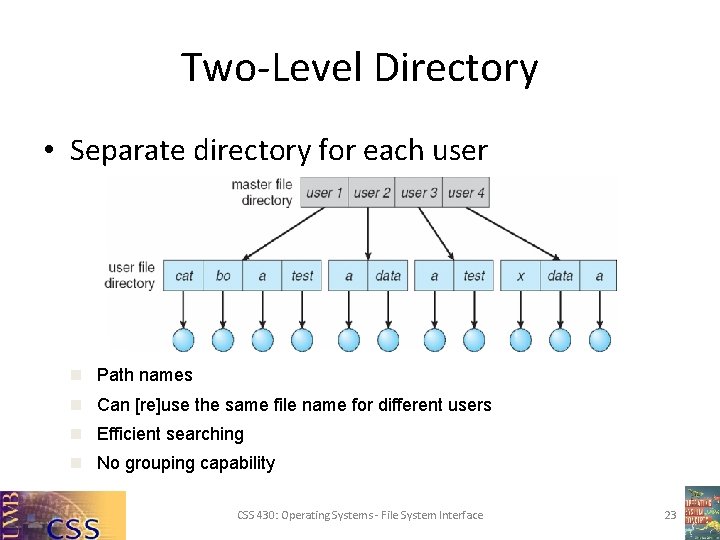 Two-Level Directory • Separate directory for each user n Path names n Can [re]use