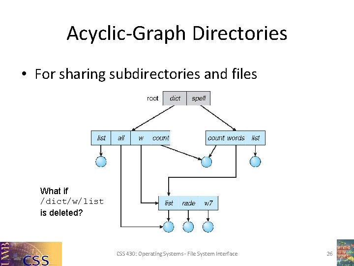 Acyclic-Graph Directories • For sharing subdirectories and files What if /dict/w/list is deleted? CSS