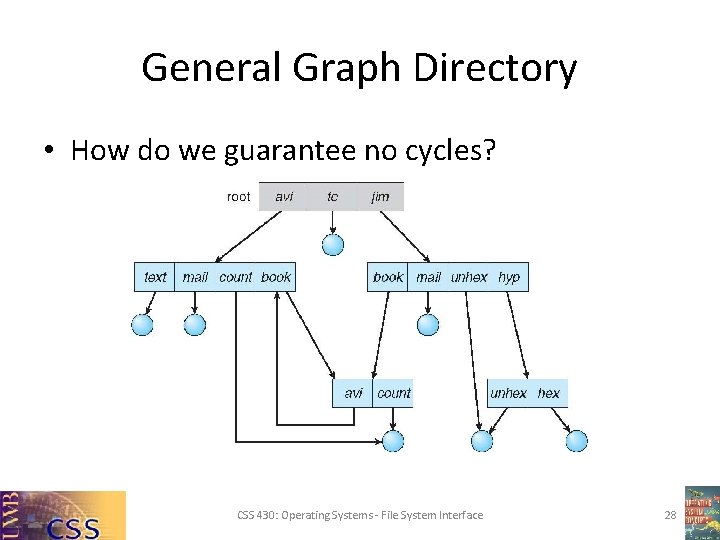 General Graph Directory • How do we guarantee no cycles? CSS 430: Operating Systems