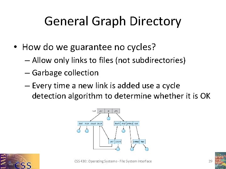 General Graph Directory • How do we guarantee no cycles? – Allow only links