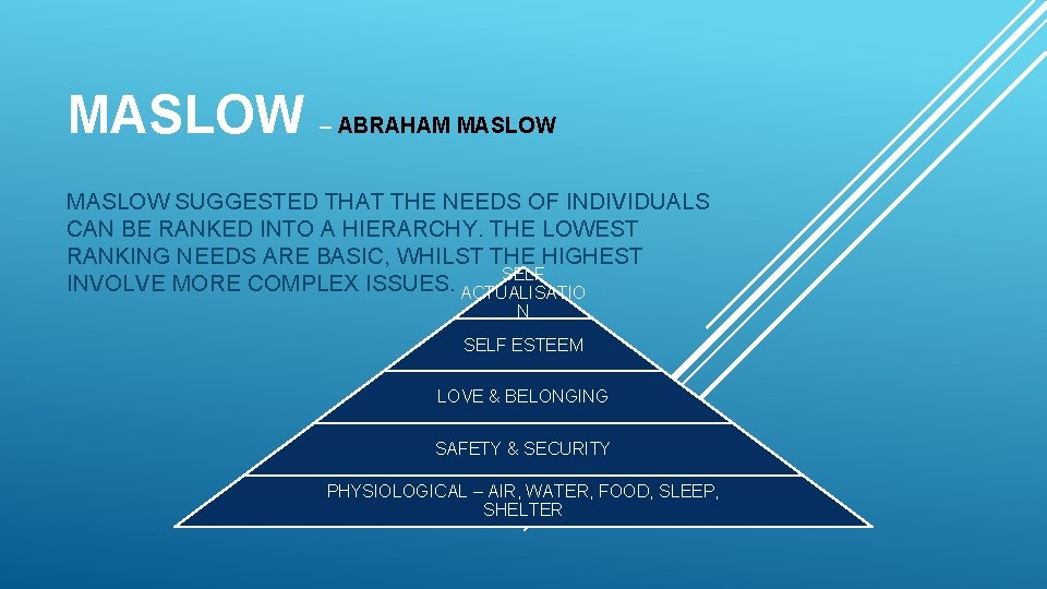 MASLOW – ABRAHAM MASLOW SUGGESTED THAT THE NEEDS OF INDIVIDUALS CAN BE RANKED INTO