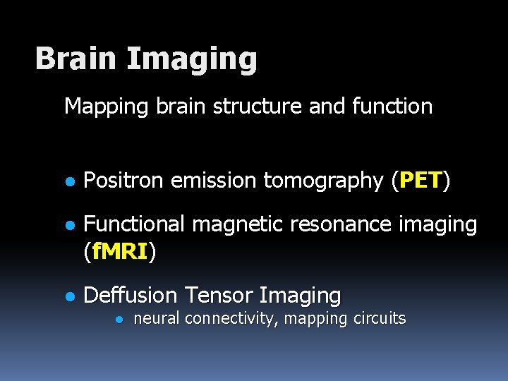 Brain Imaging Mapping brain structure and function l Positron emission tomography (PET) l Functional