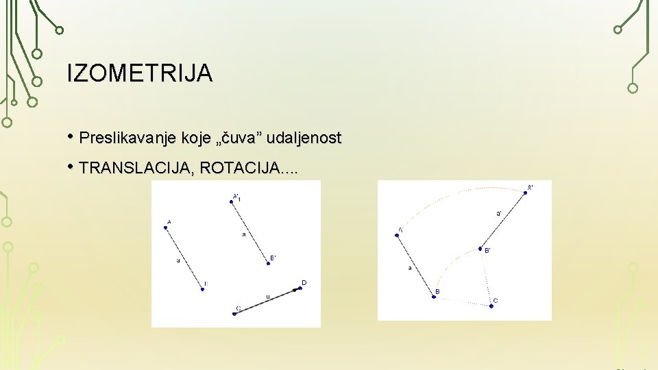 IZOMETRIJA • Preslikavanje koje „čuva” udaljenost • TRANSLACIJA, ROTACIJA. . 