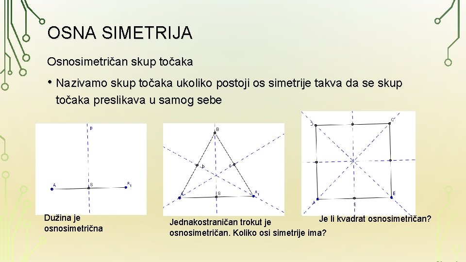 OSNA SIMETRIJA Osnosimetričan skup točaka • Nazivamo skup točaka ukoliko postoji os simetrije takva