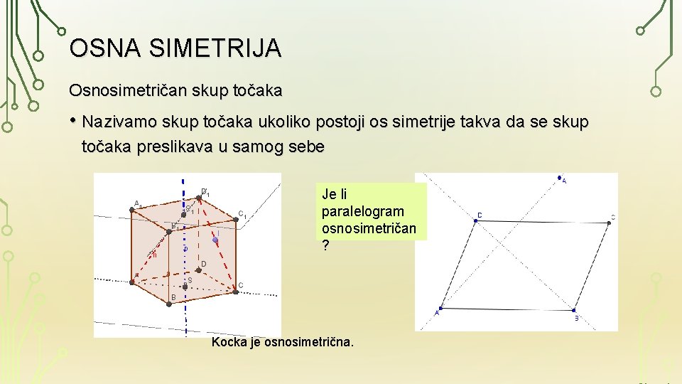 OSNA SIMETRIJA Osnosimetričan skup točaka • Nazivamo skup točaka ukoliko postoji os simetrije takva