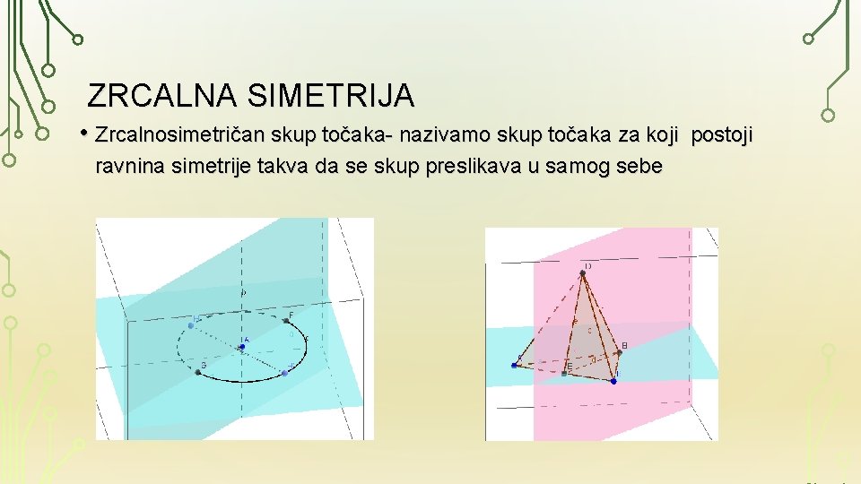 ZRCALNA SIMETRIJA • Zrcalnosimetričan skup točaka- nazivamo skup točaka za koji ravnina simetrije takva