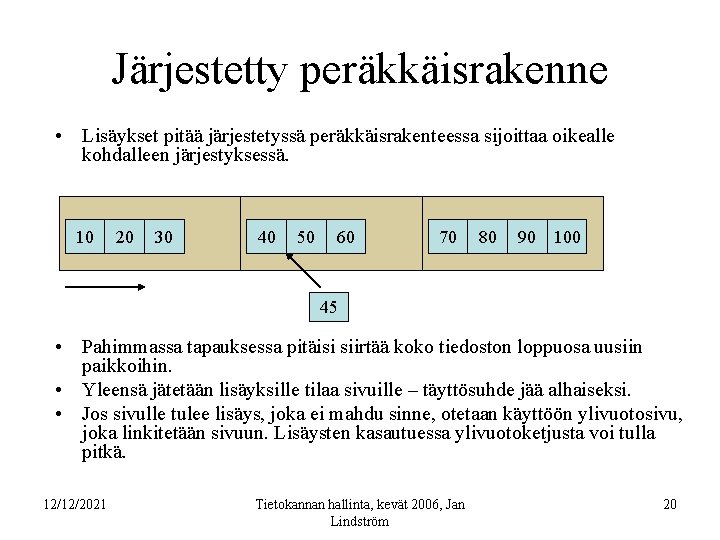 Järjestetty peräkkäisrakenne • Lisäykset pitää järjestetyssä peräkkäisrakenteessa sijoittaa oikealle kohdalleen järjestyksessä. 10 20 30