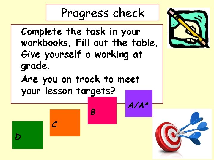 Progress check Complete the task in your workbooks. Fill out the table. Give yourself