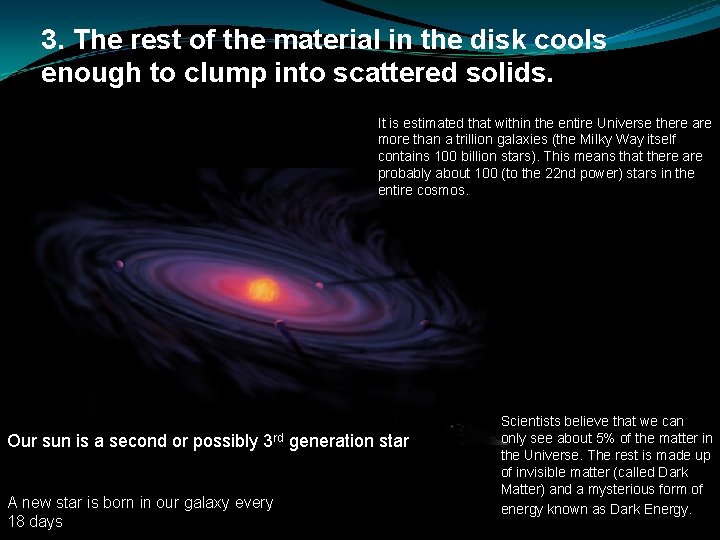 3. The rest of the material in the disk cools enough to clump into