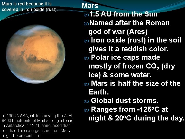 Mars is red because it is covered in iron oxide (rust). In 1996 NASA,