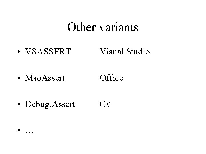 Other variants • VSASSERT Visual Studio • Mso. Assert Office • Debug. Assert C#