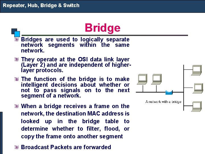 Repeater, Hub, Bridge & Switch Bridges are used to logically separate network segments within