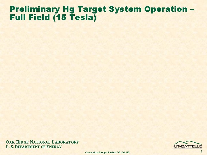 Preliminary Hg Target System Operation – Full Field (15 Tesla) OAK RIDGE NATIONAL LABORATORY