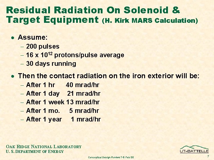 Residual Radiation On Solenoid & Target Equipment (H. Kirk MARS Calculation) · Assume: -