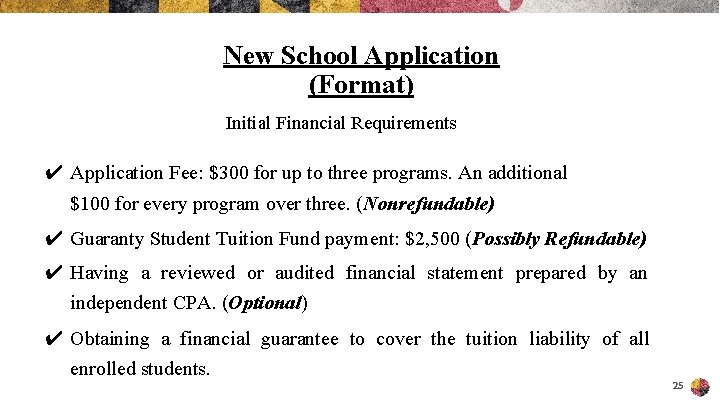 New School Application (Format) Initial Financial Requirements ✔ Application Fee: $300 for up to