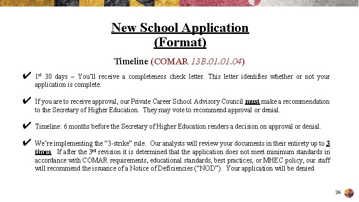 New School Application (Format) Timeline (COMAR 13 B. 01. 04) ✔ 1 st 30