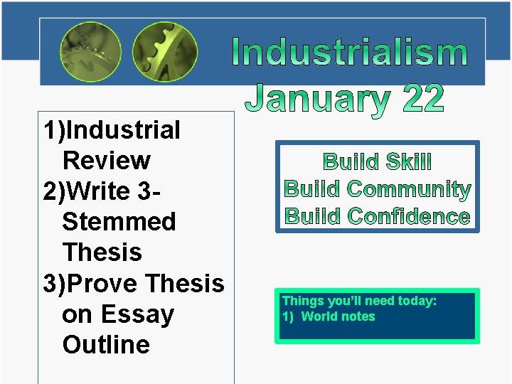 1)Industrial Review 2)Write 3 Stemmed Thesis 3)Prove Thesis on Essay Outline Things you’ll need