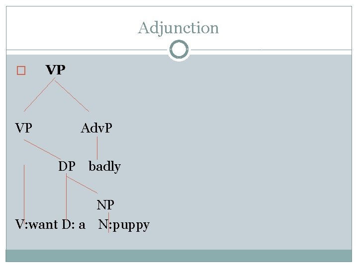 Adjunction � VP VP Adv. P DP badly NP V: want D: a N: