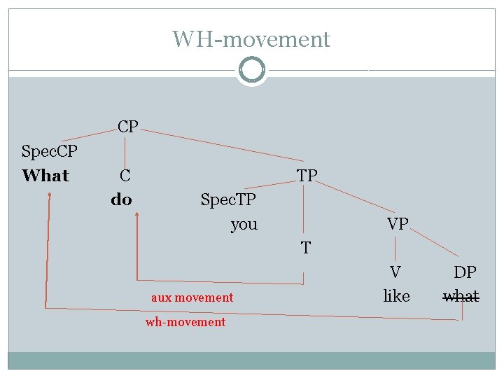 WH-movement CP Spec. CP What C do TP Spec. TP you VP T aux