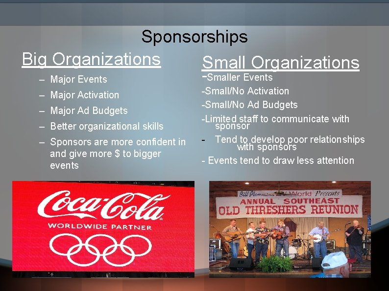 Sponsorships Big Organizations Small Organizations – Major Events – Major Activation – Major Ad