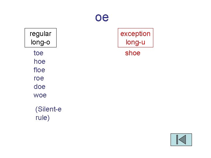 oe regular long-o toe hoe floe roe doe woe (Silent-e rule) exception long-u shoe