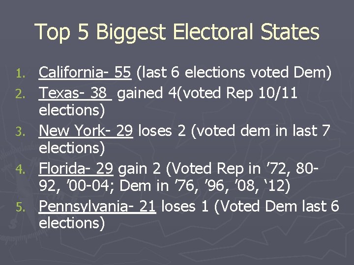 Top 5 Biggest Electoral States 1. 2. 3. 4. 5. California- 55 (last 6