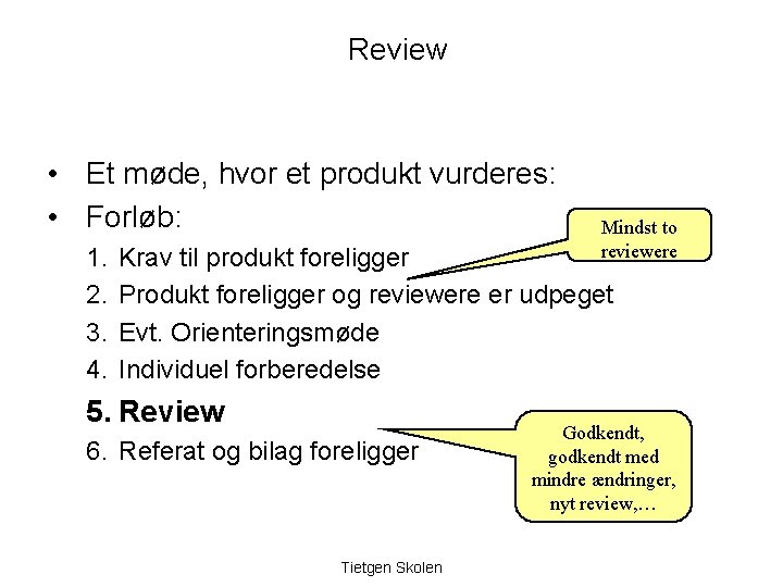 Review • Et møde, hvor et produkt vurderes: • Forløb: 1. 2. 3. 4.