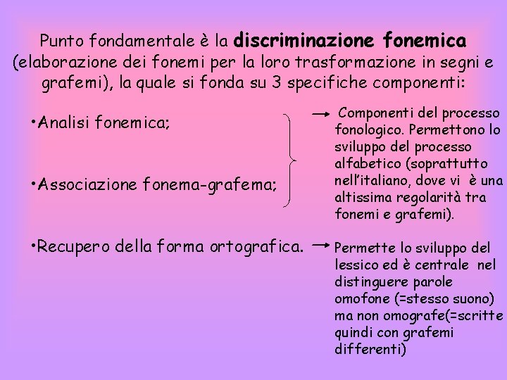 Punto fondamentale è la discriminazione fonemica (elaborazione dei fonemi per la loro trasformazione in