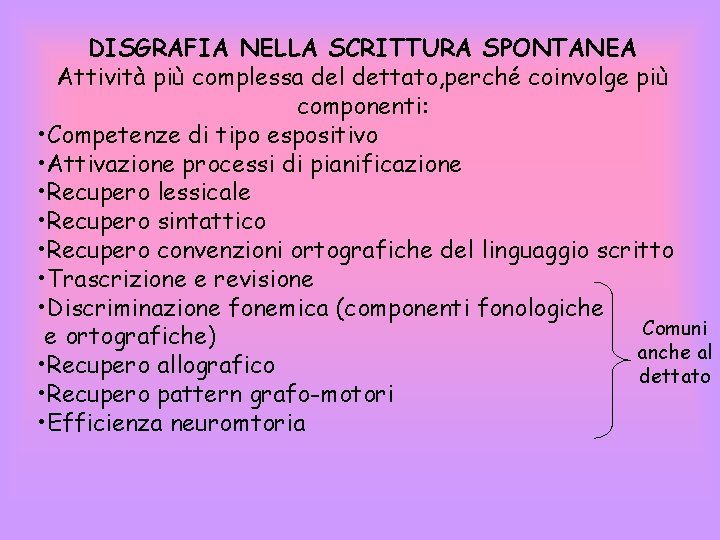 DISGRAFIA NELLA SCRITTURA SPONTANEA Attività più complessa del dettato, perché coinvolge più componenti: •