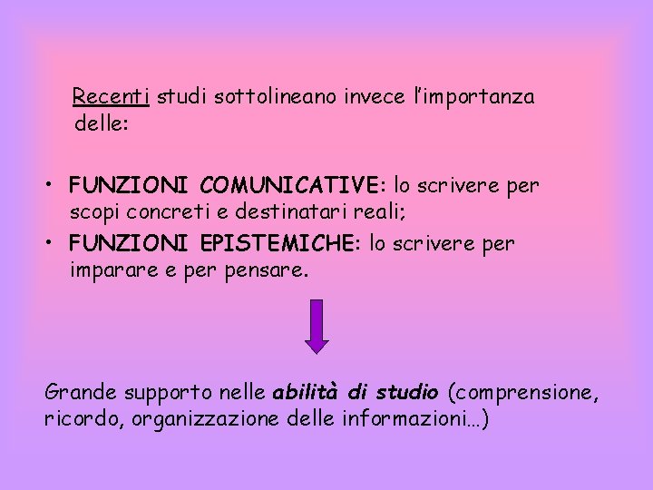 Recenti studi sottolineano invece l’importanza delle: • FUNZIONI COMUNICATIVE: lo scrivere per scopi concreti