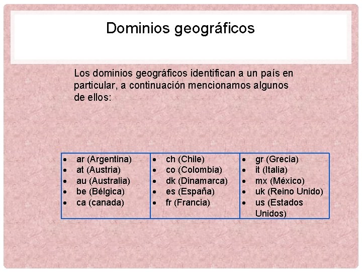 Dominios geográficos Los dominios geográficos identifican a un país en particular, a continuación mencionamos