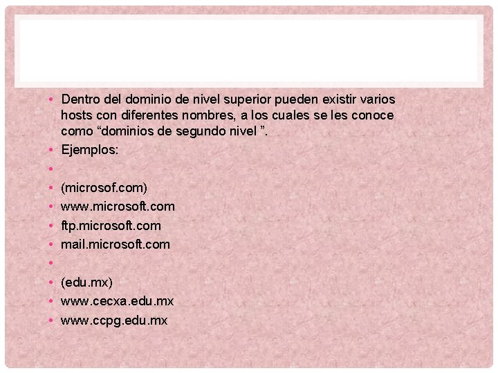  • Dentro del dominio de nivel superior pueden existir varios hosts con diferentes