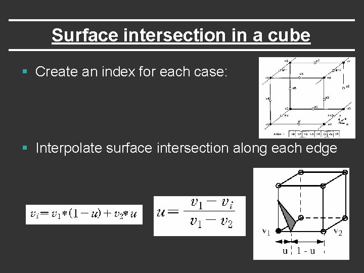 Surface intersection in a cube § Create an index for each case: § Interpolate