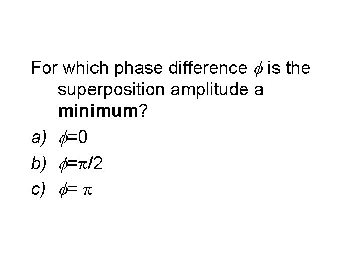 For which phase difference is the superposition amplitude a minimum? a) =0 b) =