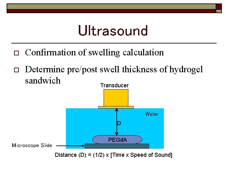 Ultrasound o Confirmation of swelling calculation o Determine pre/post swell thickness of hydrogel sandwich