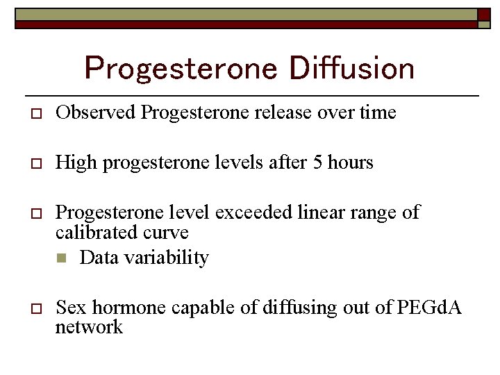 Progesterone Diffusion o Observed Progesterone release over time o High progesterone levels after 5