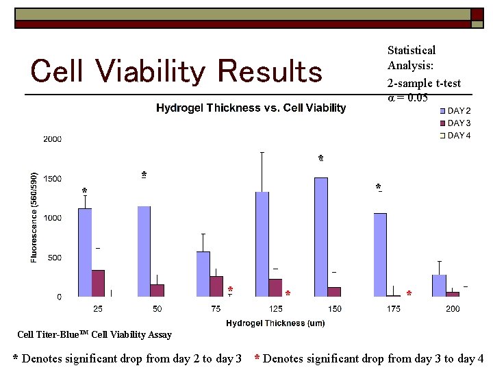 Statistical Analysis: 2 -sample t-test α = 0. 05 Cell Viability Results * *