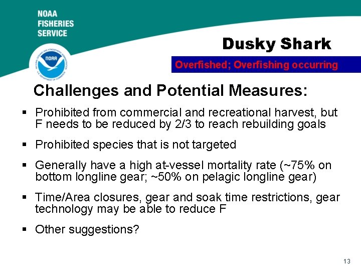 Dusky Shark Overfished; Overfishing occurring Challenges and Potential Measures: § Prohibited from commercial and