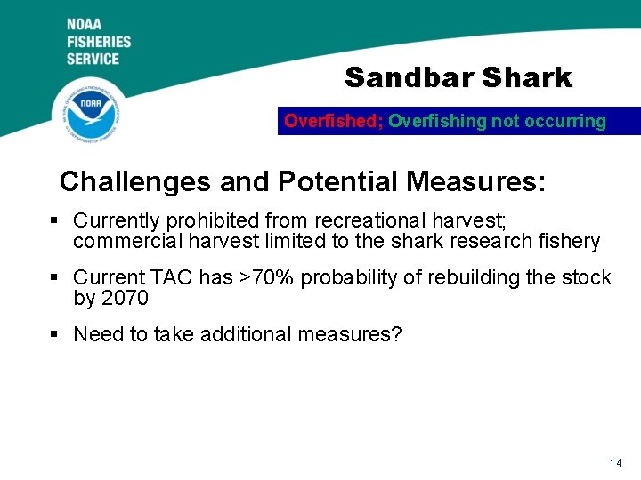 Sandbar Shark Overfished; Overfishing not occurring Challenges and Potential Measures: § Currently prohibited from
