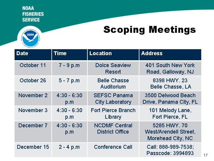 Scoping Meetings Date Time Location Address October 11 7 - 9 p. m Dolce