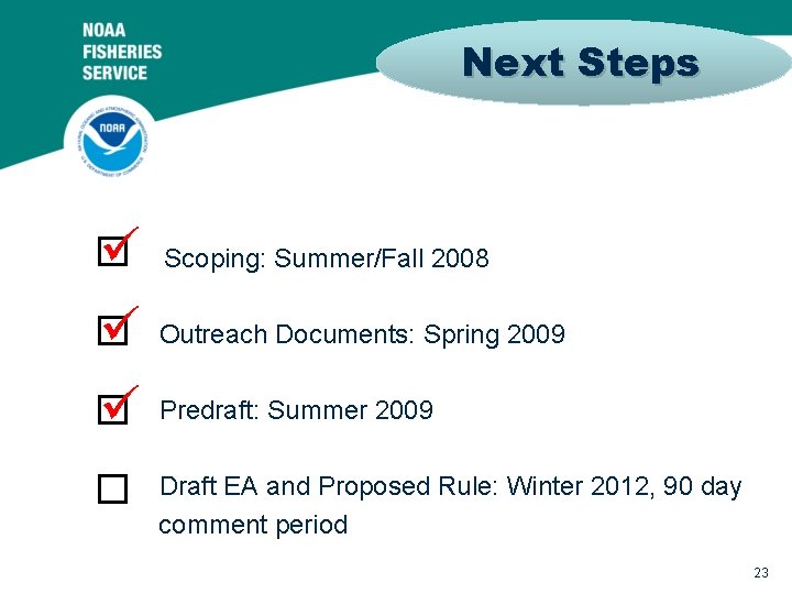 Next Steps ü ü ü Scoping: Summer/Fall 2008 Outreach Documents: Spring 2009 Predraft: Summer