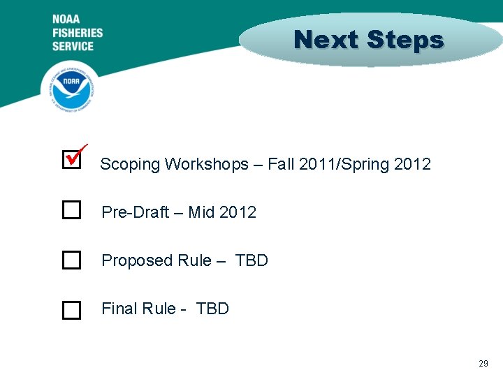 Next Steps ü Scoping Workshops – Fall 2011/Spring 2012 Pre-Draft – Mid 2012 Proposed