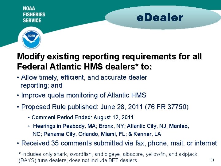 e. Dealer Modify existing reporting requirements for all Federal Atlantic HMS dealers* to: •